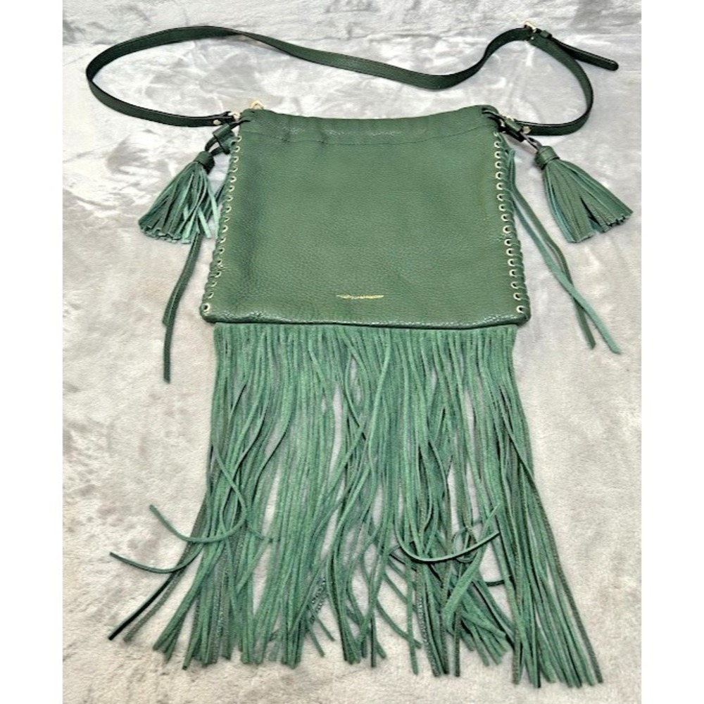 Rebecca Minkoff Hudson Moto Crossbody Bag Army Green FAUX Leather Fringe MINT